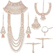 [Aheli] Rose Gold Plated Kundan Crystal & Beads Studded Bridal Necklace Earrings Maangtikka Paso Hath Panja Nathiya Jewellery Set for Women, One Size, Metal, No Gemstone