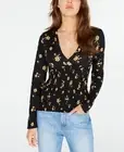 Freshman Forever Women's Black Floral Long Sleeve V-Neck Blouse Top, Juniors