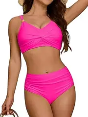[swimall] Womens High Waisted Bikini Sets Modest Tummy Control Swimsuits Metal Twist Full Coverage Bathing Suit, Hot Pink, Medium