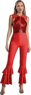 [TiaoBug] Womens Shiny Sequins 70s Hippie Disco Jumpsuit Tiered Bell-Bottom Long Pants Dance Costume Dancewear
