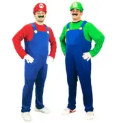 BRAND NEW Mens Super Mario Luigi Brothers Party Costume with Hat and Moustache