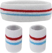 Yolev Striped Sweatband Set Sports Headband Wristband (1 Headband and 2 Wristbands) Set Sweatbands for Athletic Men and Women