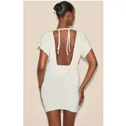 Almond Double Layered Slinky Ruched Short Sleeve Mini Dress, Almond