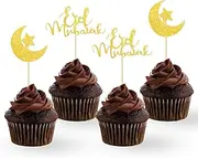 iwiio 24Pcs Eid Mubarak Cake Topper, Eid Decorations Gold Glitter Star Moon Eid Cupcake Toppers, Ramadan Muslim Hajj Eid Decor for Eid Mubarak Party Cake Decorations
