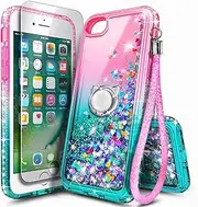 NGB Compatible for iPhone 6 6S 7 8 Case, iPhone SE 3 2022/iPhone SE 2 2020 Case with Tempered Glass Screen Protector, Ring Holder, Girls Women Kids Liquid Glitter TPU Cute Case (Pink/Aqua)