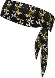 [HVTTIOR] Gold White Butterflies Black Print Multifunctional Sweat Wicking Sports Head Tie Headband for Tennis Basketball Karate
