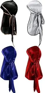 [Tatuo] 2 Pieces Velvet Durag and 2 Pieces Silky Soft Durag Cap Headwraps with Long Tail and Wide Straps for 360 Waves