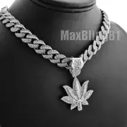Silver Marijuana Leaf Pendant 16" 18" 20" 24" Iced Cuban Box Lock Chain Necklace