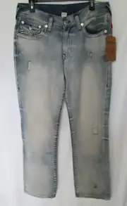 NWT $229 TRUE RELIGION Straight Flap Pocket Jeans 33 x 33 Worn Sunlight Haze