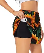 [GaxfjRu] Orange Sunflower Wallpaper Print Women's Running Shorts High Waisted Running Shorts Pocket Sporty Gym Elastic Short