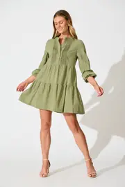 Inca Shirt Dress Full Length Sleeve in Green Cotton 8