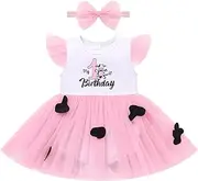 [ODASDO] Baby Girl First Birthday Cake Smash Outfit Ruffle Sleeve Tulle Tutu Princess Romper Dress with Bowknot Headband