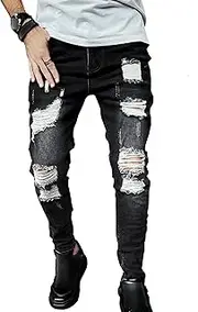 [SWJGLITTR] Men Slim Fit Destroyed Jeans Distressed Tapered Denim Pants Comfort Straight Streetwear Jean, Black, 32