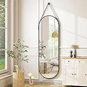 HARRITPURE 16"x48" Oval Hanging Mirror with Leather Strap Full Length Mirror Aluminum Frame Wall-Mounted Hanging Mirrors for Bathroom Vanity Living Room Bedroom Entryway Decor