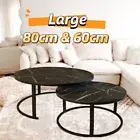 Set of 2 Coffee Table Round Nesting Side Table Black Large 80cm Marble Pattern