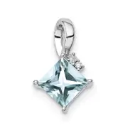 Sterling Silver Rhodium Plated Dia. u0026 Aquamarine Square Pendant
