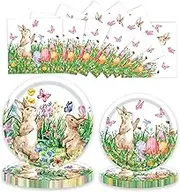 60 PCS Easter Paper Plates and Napkins Decorative Disposable Party Dinner Dessert Plates Bunny Flowers Egg Dinnerware Birthday Tableware Set Easter Party Supplies