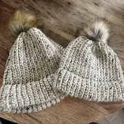 Handcrafted Mommy & Me Matching Beanie Hat Set Light Tan Pom