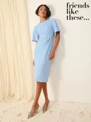 Friends Like These Blue Flutter Sleeve Knot Waist Detail Midi Tailored Dress (AY5675) | $102