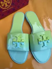 NIB Tory Burch Everly Slide Flat Soft Patent Leather Celeste Ombré W Logo Sz 7