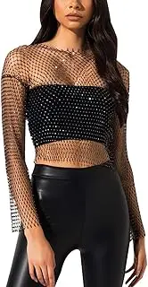 [Star Yueda] Women's Mesh Tank Tops Fishnet See Through Halter Hollow Out Rhinestone Cover up Crop Top Shirts for Festivals Raves Clubwear