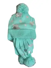NWT Addie & Tate Hat Scarf Gloves Set Girls /Green With Silver Star / For Littl