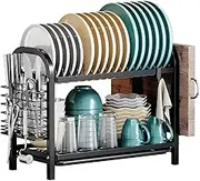 Dish Drying Rack, Dish Rack 2 Tier Metal Dish Rack with Drip Tray, Dish Drainer with Cutting Board Holder for Kitchen Counter, Black