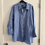 Talbots Boyfriend Linen Shirt Top Blue Button Front Long Sleeve Sz 2X Women's
