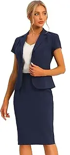 [Allegra K] Women's Business 2 Piece Suit Set Short Sleeve Blazer Jacket Pencil Skirt