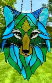 Turquoise Aqua SPIRIT WOLF Stained Glass Window Suncatcher Handmade in Australia