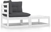 2 Piece Garden Lounge Set with Cushions White Solid Pinewood,Garden Lounge Set: Relaxing Corner Sofa with Footstool and Cushions Garden Furniture Sets