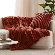 Dreamaker Chunky Embossed Fleece Throw Blanket 170x130cm Cosy Soft Warmth and Comfort Plush Faux Fur Flannel Fleece Throw for Couch Sofa Bed Machine Washable Ribbed Snuggle Rug - Rust