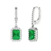 3.57 Emerald Round Cut Halo Green Emerald Lever back Solitaire Earrings14k Gold