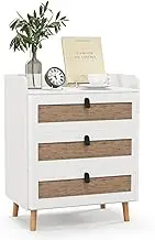 Giantex Nightstand, Modern End Table Bedside Table with 3 Rattan Decorated Drawers for Small Spaces, White Finish Bed Side Tables Boho Accent Table for Living Room, Bedroom, White (3 Drawer)