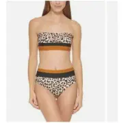 DKNY Leopard Print 2PC Set Bandeau Swim Top & High Waisted Bottom X-Small XS