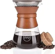 Pour Over Coffee Maker Set with Double-Layer Stainless Steel Filter, Coffee Dripper, Cork Lid and Leather Collar Holder - High Heat Resistance Borosilicate Glass Carafe, Great Gift Idea (37 oz)