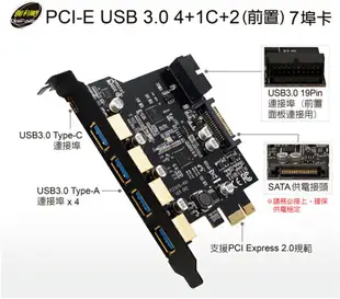 (現貨)DigiFusion伽利略 PTU314C PCI-E USB3.0 4+1C+2(前置)7埠 電腦擴充卡/介面卡