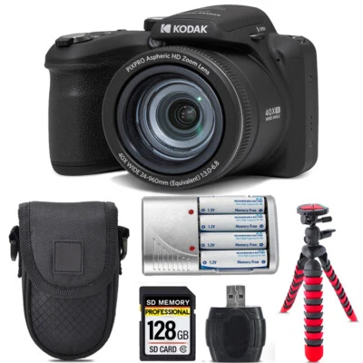 Kodak PIXPRO AZ405 Digital Camera (Black) +Extra Battery +Tripod +Case 128GB Kit
