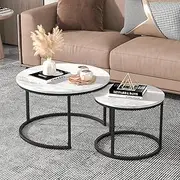 [ADVWIN] Coffee Table Set of 2, Round Nesting Table Marble Pattern Wooden Side Table Metal Frame End Table for Living Room Light Grey