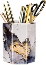 WAVEYU Elegant Modern Ceramic Desk Organizer, Cute Pen Holder Stand, Gold Marble Pencil Cup Pot, Makeup Brush Holder, Unisex, Gray, Neutral