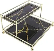 Simmer Stone Makeup Organizer Shelf, 2-Tier Cosmetic Storage Basket with Glass Tray, Wire Vanity Organizer Rack for Bathroom, Countertop, Dresser and More, Medium Size