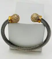 Vintage 90s 2 Tone 100 Pave Crystal Designer Inspired Bangle Bracelet 7”