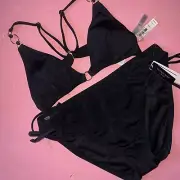 Victoria's Secret BIKINI L triangle TOP+XL bottom BLACK Strappy Golden Rings