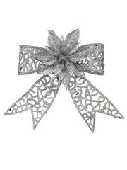 Silver Mesh Look Ribbon Bow & Poinsettia Christmas Decoration - 15cm