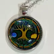 Tree Of Life Night & Day 1” Glass Cabochon Silver Pendant 18” Necklace Jewelry