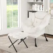 CostwayLazy Chair with Ottoman Modern Accent Chair with Folding Footrest-Beige
