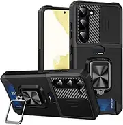 Compatible for Samsung Galaxy S24 Plus TPU Case with Camera Protector | 360° Rotatable Ring Holder | Impact-Resistant Slide Len Cover | Magnetic Card Slots Stand Protective Shell | Black
