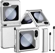 Folding Leather Case Suitable for Samsung Galaxy Z Flip 5 2023, Mobile Phone Shell for Z Flip5, Anti-Fall Cover with Electroplating Hinge and S Pen Stylus (White-Silver, for Flip 5)