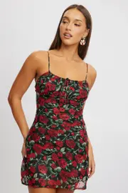 Red Floral Mini Dress Bias - Size 6XXS, Women's Skater Dress