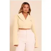 Shape Butter Yellow Tailored Asymetrical Cropped Adjustable Waist Blazer, Butter Yellow